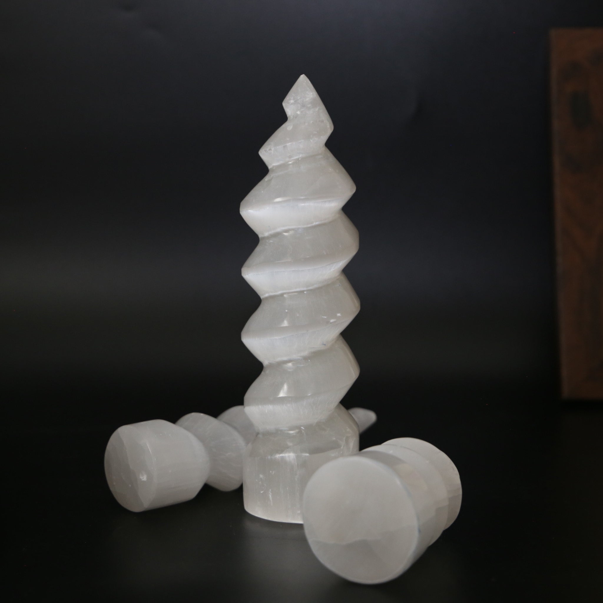 Selenite Display Crystal – Spiral Unicorn Tower 15cm Selenite Display Crystal
