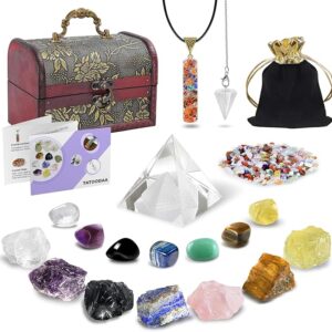 healing crystals set with wooden box