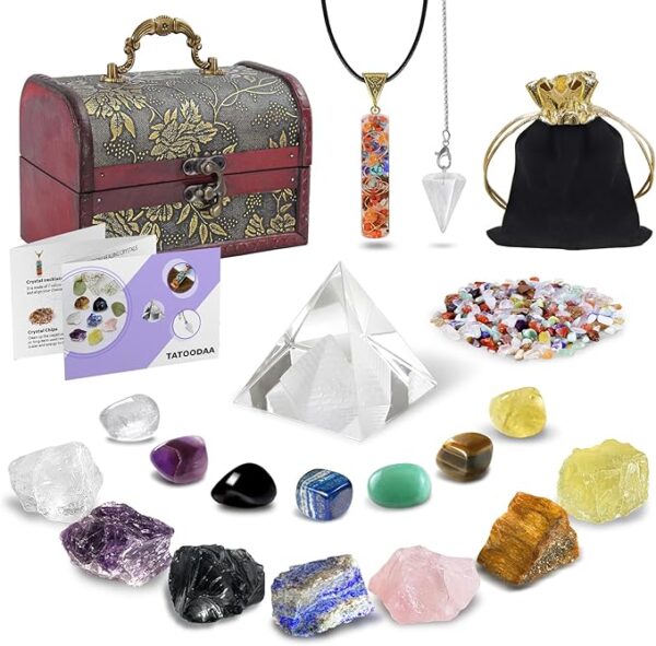 healing crystals set with wooden box